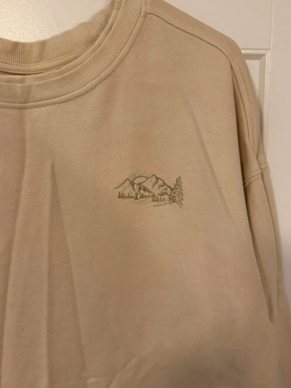 Men's Beige Crewneck Sweater with Mountain Embroidery